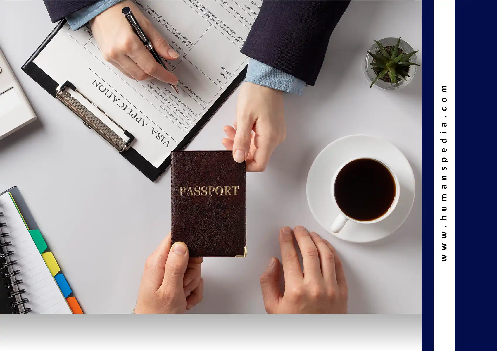 Two people at a desk completing a visa application process, with a passport being handed over, coffee cup, plant, and notebook nearby — symbolizing the journey of a digital nomad Bali lifestyle.