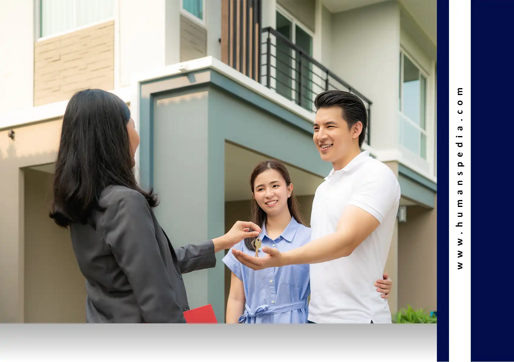Three people standing in front of a modern house, with one handing over keys to another — representing a real estate transaction and the excitement of owning Bali property