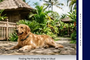 Dog relaxing in a securely fenced garden at a pet-friendly villa in Ubud