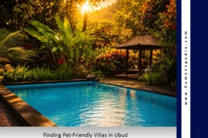 A serene swimming pool and traditional wooden gazebo surrounded by lush tropical gardens bathed in sunlight, illustrating the peaceful atmosphere of pet-friendly private villas Ubud.