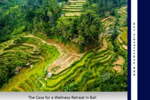 Aerial view of lush, green terraced rice fields and palm trees, serving as a scenic Ubud guide with text that reads, "The Case for a Wellness Retreat in Bali